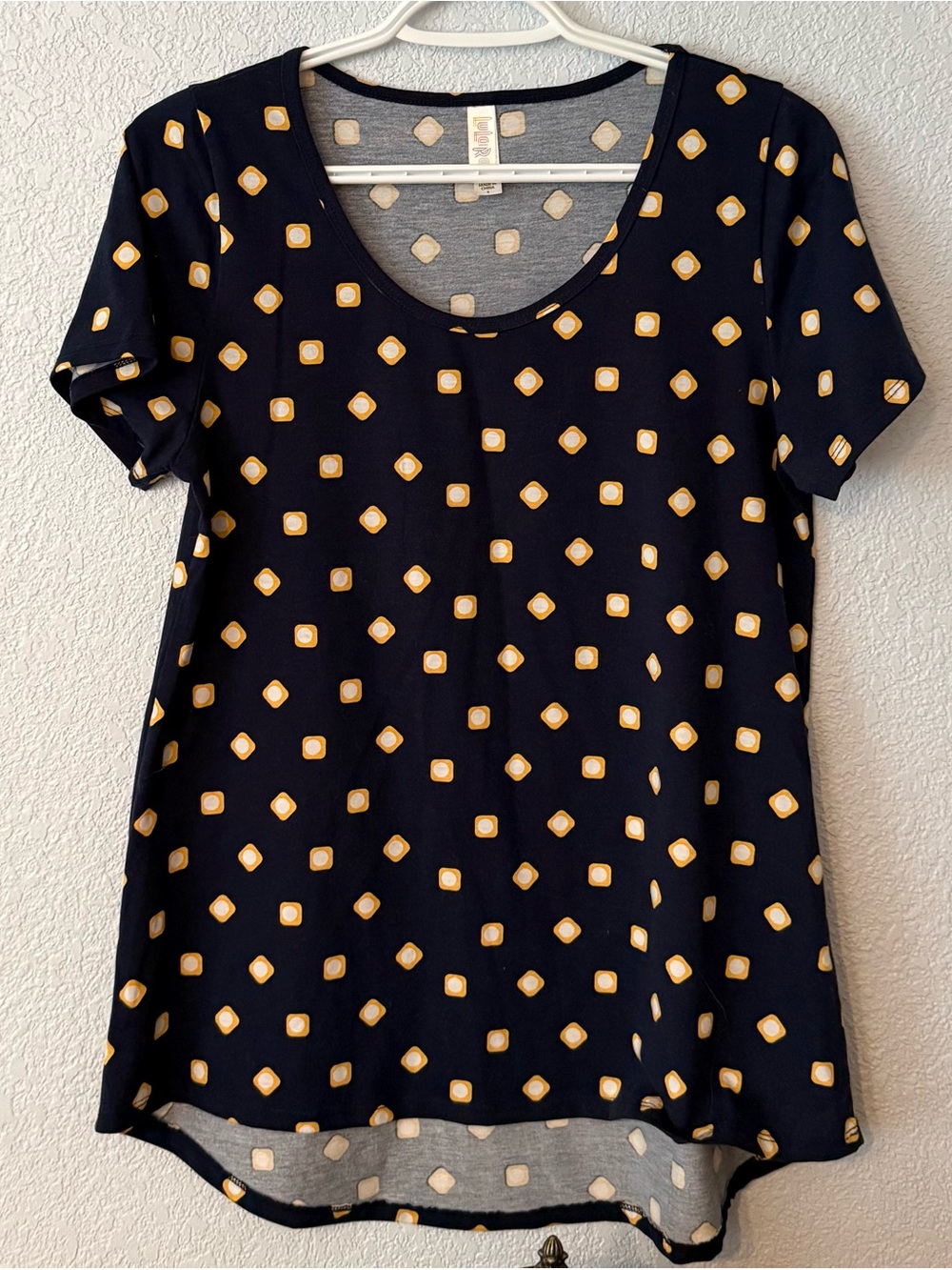 LuLaRoe Navy Scoop Neck Classic Tee with Yellow Geometric Design